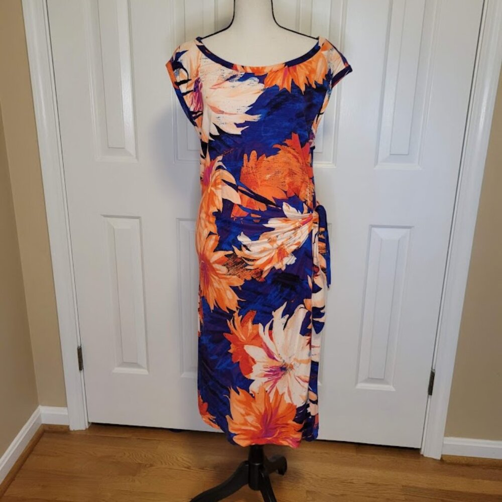 Ann Taylor Factory Blue Orange Floral Side Tie Dress Size L